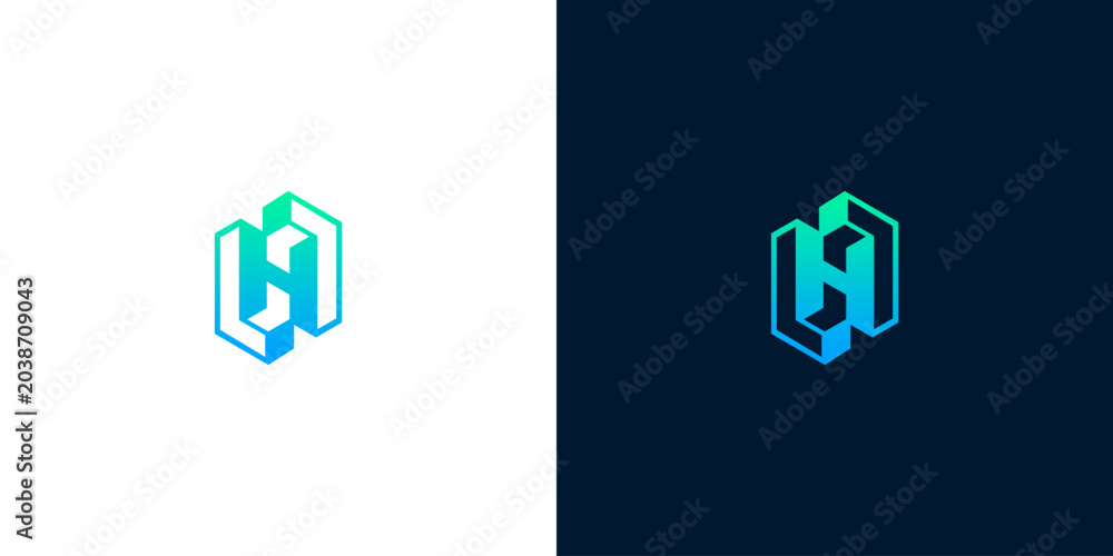 Fototapeta premium Geometric H Letter Logo Design with Blue and Green Gradient on White and Dark Blue Backgrounds