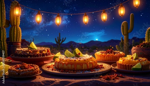 Night desert dessert fiesta, glowing lanterns between cacti illuminating a table full of vibrant Mexican desserts with lime and chili garnish, deep blue starry sky, festive magical atmosphere