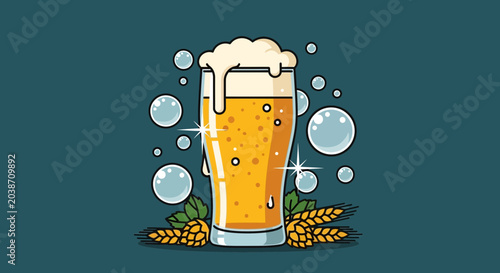 Photography Illustration of a Refreshing Glass of Cold Beer with Hops and Barley