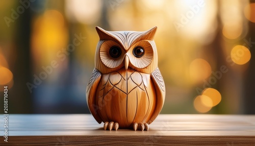 Wooden Owl Figurine On Table With Soft Background