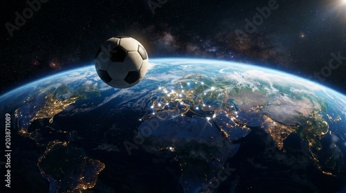 Football Floating Above Earth with Glowing Stadium Lights, Global Championship Concept