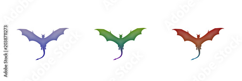 Bild auf Leinwand Three colorful flying dragons in purple green and red