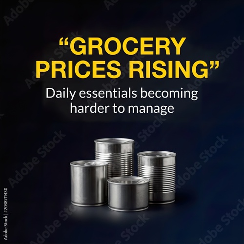 Grocery Prices Social Media Poster Concept of Rising Daily Essential Costs Metal Cans on Dark Economic Concern