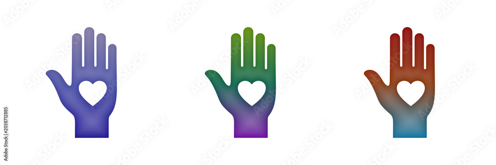 Fototapeta premium Colorful hand icons with heart symbols for charity