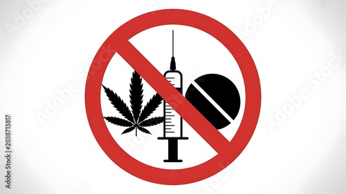 Prohibition sign, no drugs, cannabis, syringe, pill, warning symbol, icons