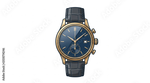 Photos Luxury gold watch with dark blue dial and leather strap.