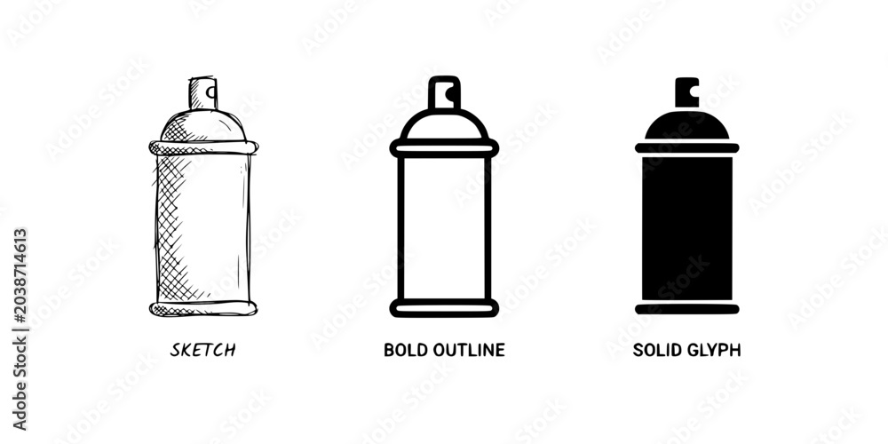 Obraz premium Spray Can Icons in Three Styles Including Sketch, Bold Outline and Solid Glyph 
