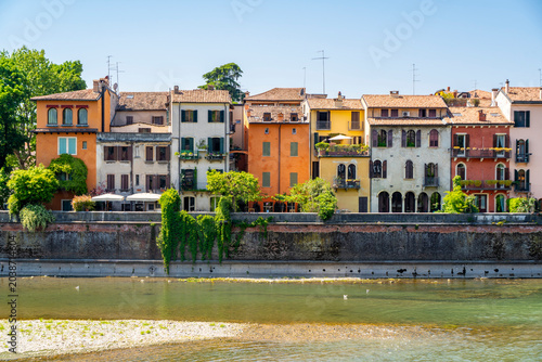 City view of Verona near Roman bridge Ponte Pietra on the River Adige. Verona, Veneto, Italy,