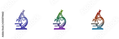 Colorful microscope icons with heart shapes for medical research