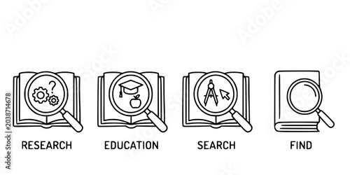 Magnifying Glass over Book Icon Set - Research, Education and Search Symbol
