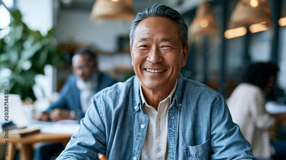 Fototapeta premium A mature Asian man over fifty collaborates softly with colleagues in a bright shared office wearing smart casual style in natural daylight shared office open face office