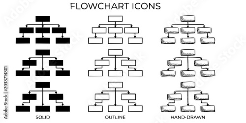Flowchart icon set with hierarchy structure in solid, outline, and hand-drawn styles.
