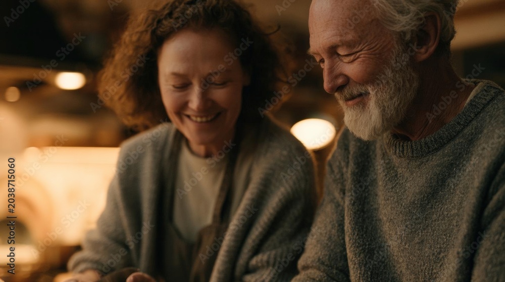 Fototapeta premium Elderly couple sitting at a table in a dimly lit room. the man is on the right side of the image and the woman on the left is sitting next to him.