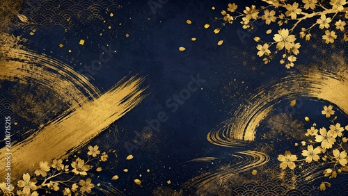 Japanese Art Background with Cherry Blossoms and Gold Brush Stroke