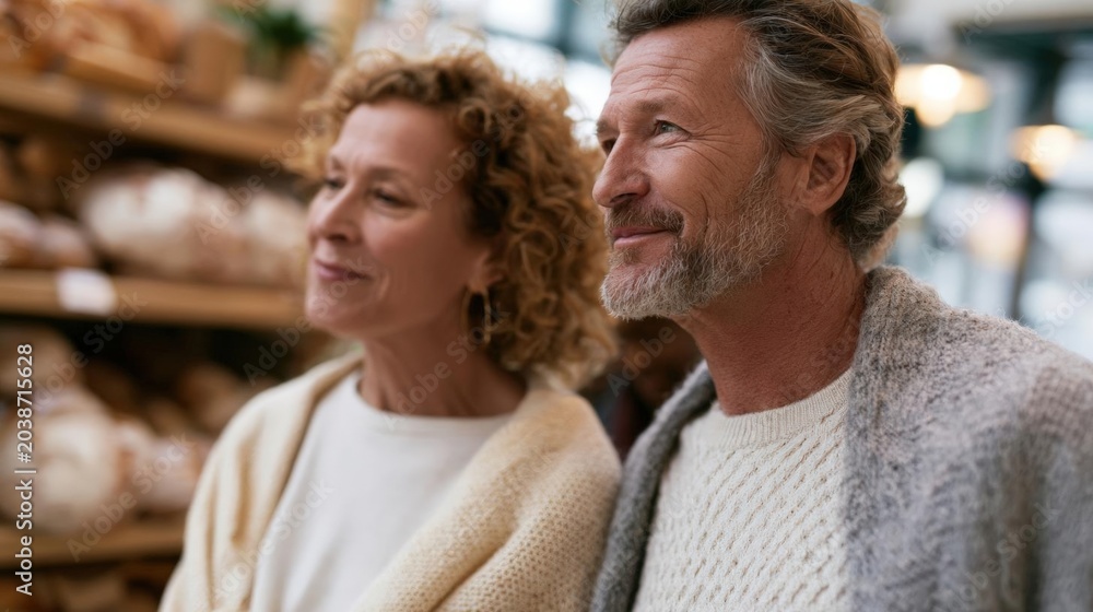 Obraz premium Middle-aged couple standing in a grocery store, looking at each other with a smile on their faces. the man has grey hair and a beard, while the woman has curly blonde hair.