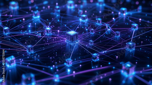 Futuristic abstract digital network background with glowing blue and purple connections symbolizing artificial intelligence and big data.
