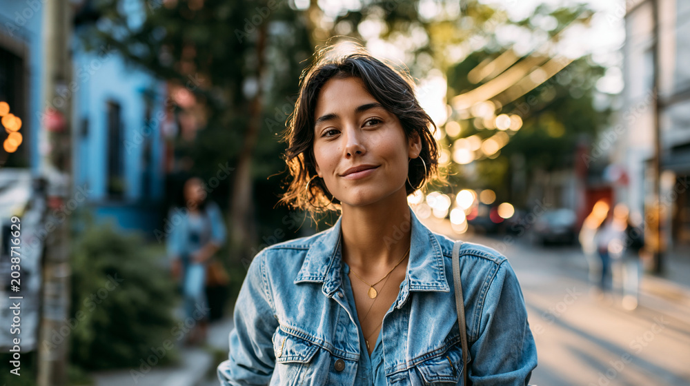 Fototapeta premium A wide view of a Latin American woman stands softly at a bright neighborhood corner showing personal street style in natural daylight corner style open face urban location