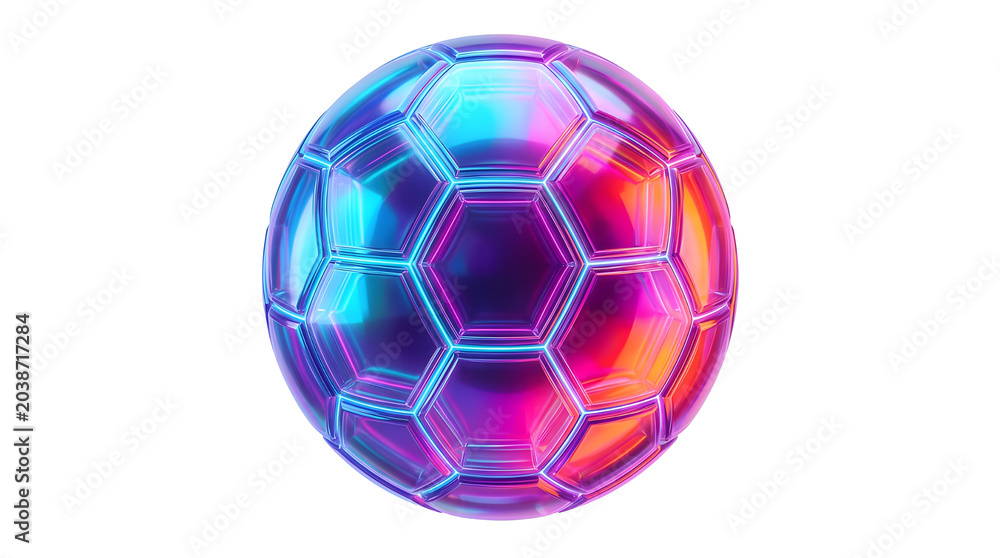 Naklejka premium Futuristic iridescent soccer ball with neon glow, metallic holographic football on white background, vibrant 3d sports equipment for gaming and tech