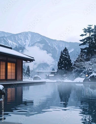 Snowy Mountain Onsen with Serene Winter Landscape