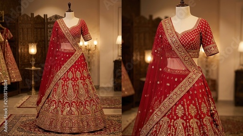 Ornate Red Indian Bridal Lehenga Choli with Gold Embroidery and Elegant Traditional Wedding Dupatta
