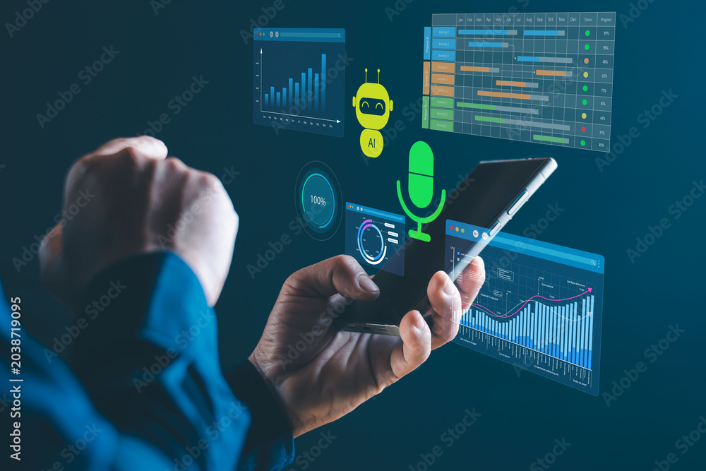 Obraz premium AI Voice Assistant and AI Agents Dashboard on Smartphone with Business Analytics and Automation Technology