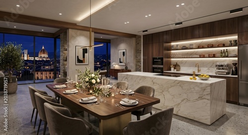 Luxury modern dining room with Florence skyline view at night