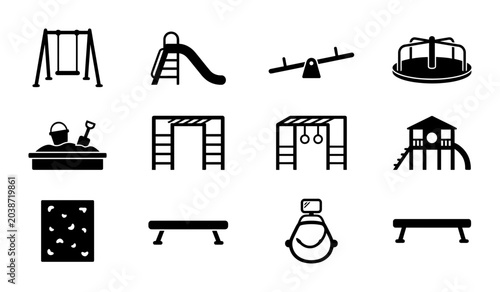 Bilde på lerret Playground Icons Set: Swings, Slide, Sandbox, Merry-Go-Round, See-Saw, Climbing
