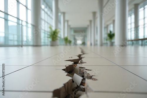 Close-up view of cracked building floor showing severe structural damage from earthquake, highlighting interior destruction, vulnerability and modern architecture failure requiring urgent repair.