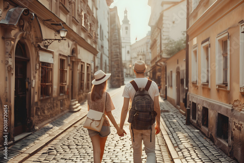 A man and a woman walk hand in hand down a cobblestone street in an ancient European city, wearing hats and backpacks while exploring architectural landmarks during their romantic summer vacation trip