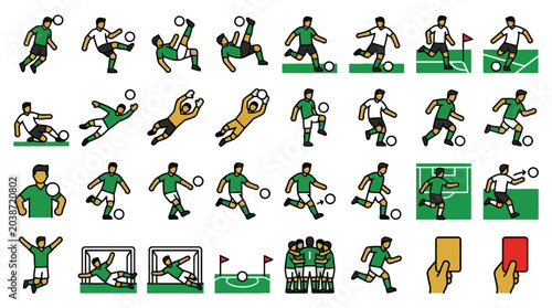 Vector Icons Collection of soccer player icons and football match elements in pixel art style. EPS Editable