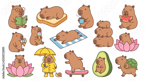 Vector Icons Cute Cartoon Capybara Character Set with Funny Poses and Activities Vector Illustration. EPS Editable