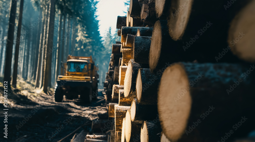 Obraz premium Stacked logs in forest with logging truck in background, sunlight filtering through trees, timber industry