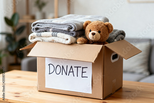 Cardboard Box with Clothes and Teddy Bear for Donation