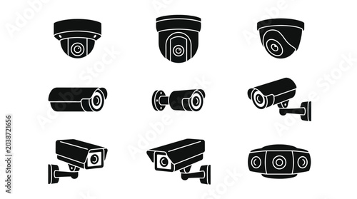 Vector Icons Set of black security camera icons and CCTV surveillance symbols isolated on white background. EPS Editable