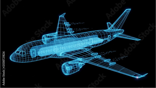 Bild auf Leinwand 2D CAD Vector illustration of airplane with blue lines on black