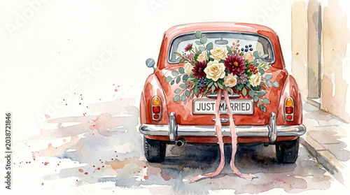 Just Married Vintage Car with Floral Bouquet Watercolor Illustration