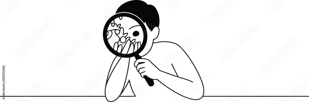 Ταπετσαρία Sneaky man, magnifying glass, detective illustration, line art, black and white,