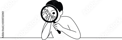 Bild auf Leinwand Sneaky man, magnifying glass, detective illustration, line art, black and white,