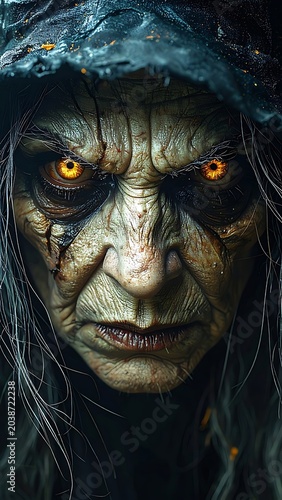 A close-up of an old, eerie witch with glowing eyes