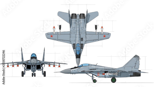 Fotografia 2D CAD Vector illustration of fighter jets in various views
