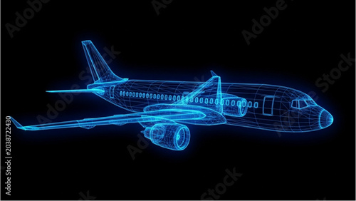 Foto 2D CAD Vector illustration of airplane in blue lines on black background