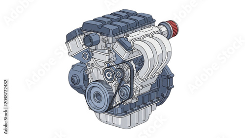 Photos Detailed 2D CAD Vector illustration of a car engine's internal machinery and com