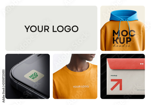 Multi-device corporate branding mockup collage set featuring a hoodie, t-shirt, smartphone app icon, and stationery envelope