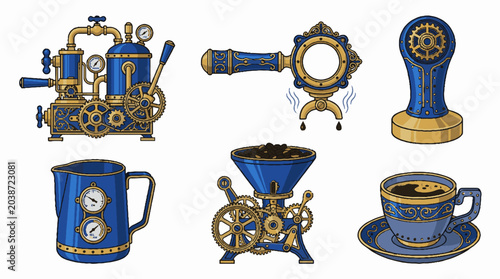 Steampunk coffee making equipment set including espresso machine portafilter tamper milk pitcher grinder and cup in blue and gold vector style