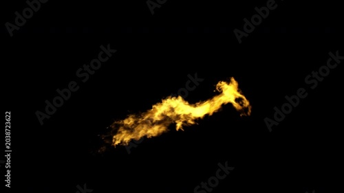 Realistic fire stream jet burning horizontally on an isolated black background for visual effects.