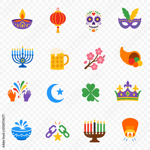 Colorful flat vector icon set representing global holidays and diverse cultural celebrations including Diwali Hanukkah Ramadan and Juneteenth for inclusive event branding and graphic design