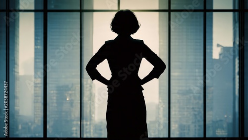 Confident businesswoman silhouette in modern office with cityscape view
