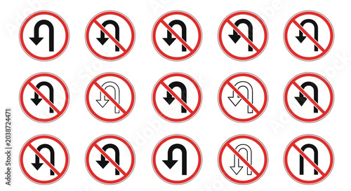Fotografie No U-Turn Signs Collection: Red Circle Prohibition Traffic Symbols