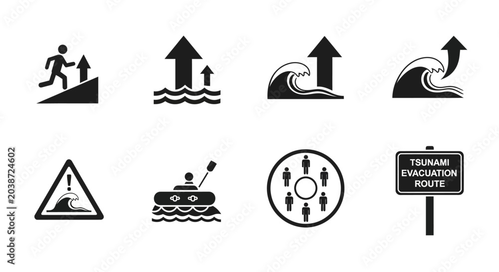 Fototapeta premium Tsunami Warning and Evacuation Icons Set