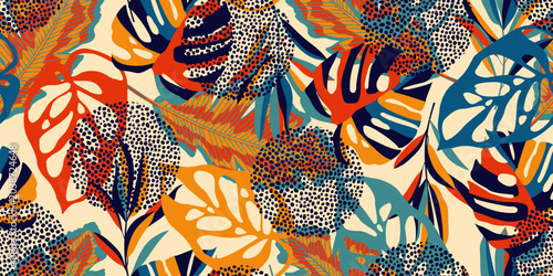Seamless pattern with tropical plants and leaves. Floral seamless vector tropical pattern background with exotic leaves, jungle leaf. Exotic wallpaper, Hawaiian style.